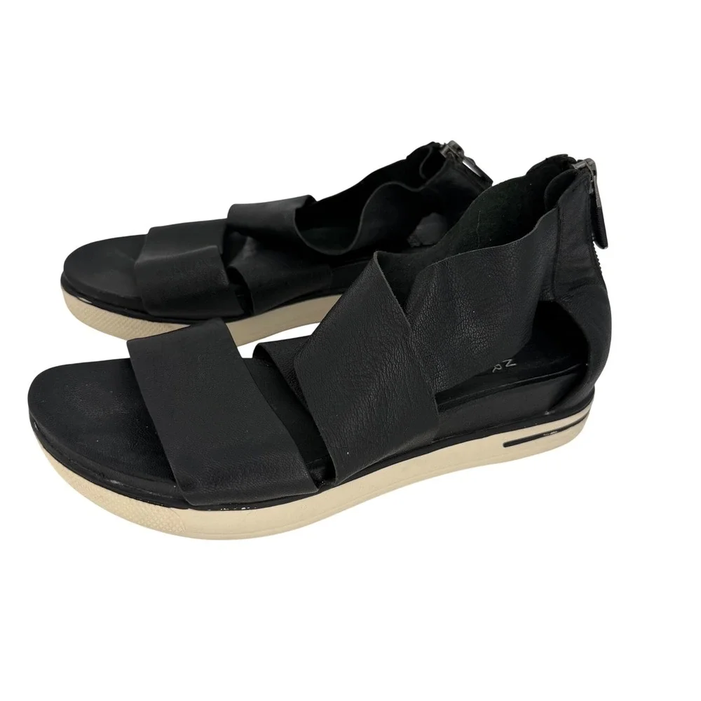 Eileen Fisher Black Leather Platform Sandals Crisscross Minimalist Luxe‎ Women 6